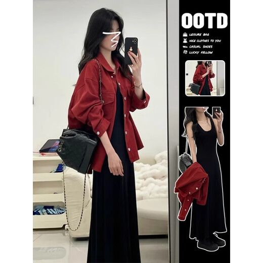 Yadaisiwei dress women's 2025 autumn new temperament outfit two-piece suit shirt suspender skirt spring and autumn red jacket + black dress L (recommended 100-120Jin Jin equals 0.5 kg)