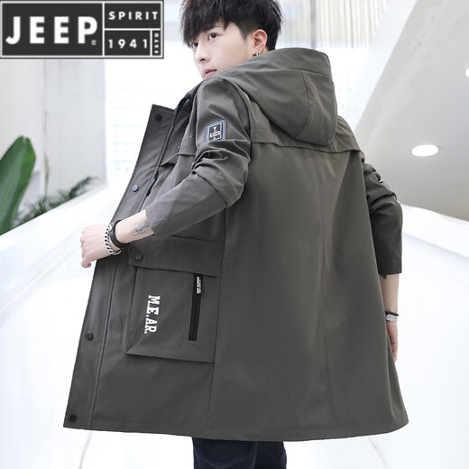 JEEP SPIRIT2023 new spring and autumn mid-length men's windbreaker Korean version slim men's over-the-knee plus velvet thickened jacket 1901 camel XL 175