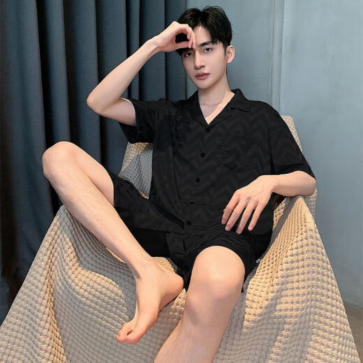 Meng Laiting Pajamas de seda de hielo Hombres verano imitación de manga corta seda negra delgada de verano de verano
