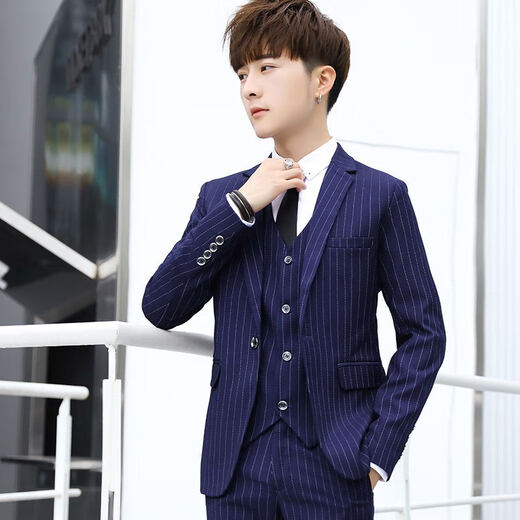 18-year-old teenager high school student adult dress suit boy suit men's suit suit three-piece suit student groom wedding jacket royal blue stripe suit + trousers shirt_tie tie belt XL31_(122-126Jin Jin equals 0.5 kg)