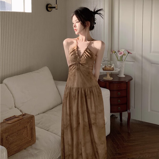 Miao Yijia New Chinese Style Suspender Dress Women's Skirt Summer Women's Clothing 2025 New Summer Women's Halter Neck Long Dress Pure Desire Retro Halter Neck Backless V-Neck Dress XL