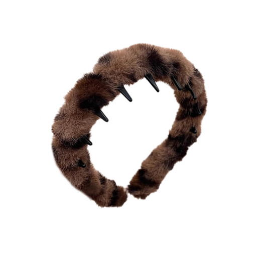 Zuoou plush hairband with toothed anti-slip hairpin for women, winter furry leopard print headband, furry hair hole headband for women, dark brown leopard print plush wavy