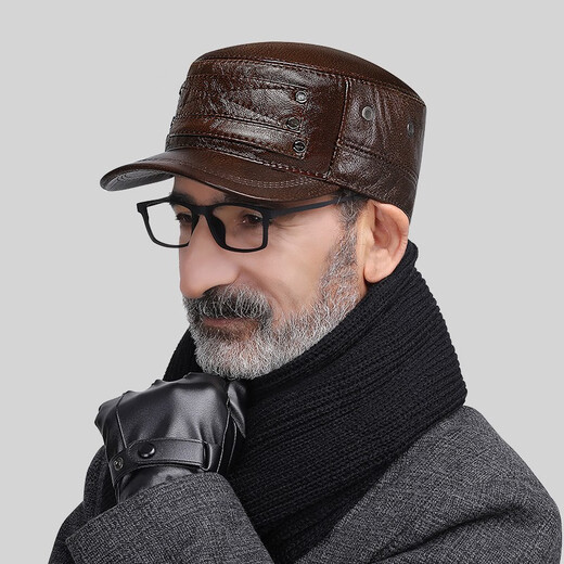 Woodpecker head cowhide hat for middle-aged and elderly men, winter duck cap with ear protection and velvet to prevent cold and warm baseball cap for dad and grandpa, dark brown color, adjustable hat circumference (head circumference 54-60cm)