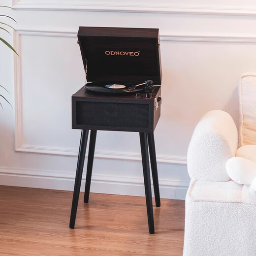 Otieno European-style simple multi-functional vinyl record player radio gift Bluetooth audio retro model room record player home floor-standing phonograph free record with order, walnut color (free Tsai Chin + music USB disk with order)