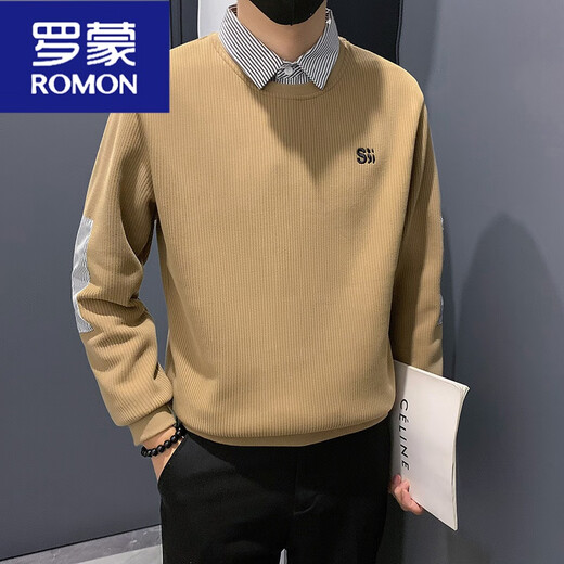ROMON fake two-piece sweatshirt for men's spring and autumn style 2024 new autumn splicing top men's casual long-sleeved T-shirt white WY1392 M [recommended 115Jin [Jin equals 0.5 kg]]
