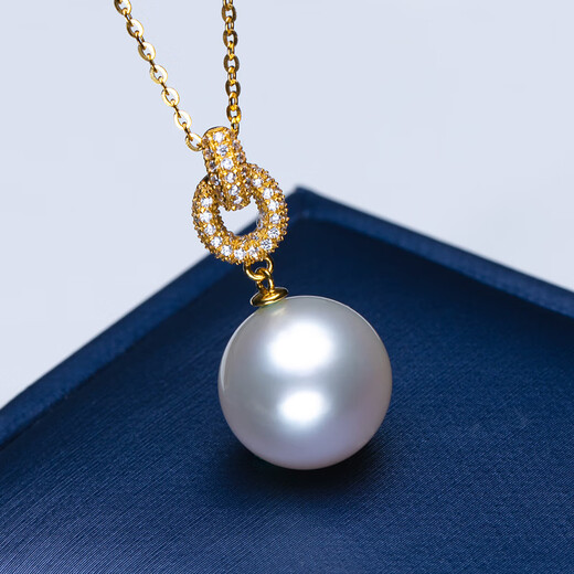 Haitong thickened 18K gold Nanyang Australian white pearl pendant single Bingtong seawater white pearl necklace temperament clavicle chain yellow 18K gold cold light 11-12mm+18k gold chain