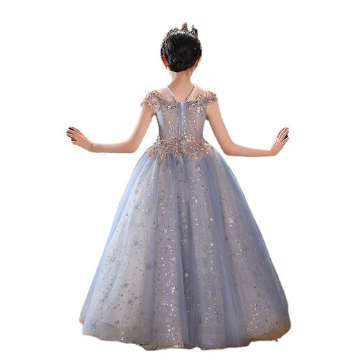 Estilo de princesa de niñas Autumn y Winter Light Luxury High-High Gray School School Students 'Guzheng Piano Performance Vestido de noche Falda 1591 Azul Long (SF Express Fast) 170
