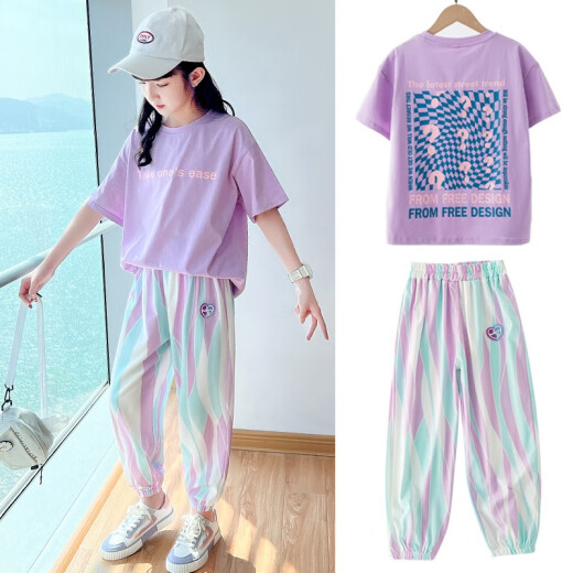 智兜兜夏季女童套装休闲运动儿童短袖夏装两件套运动新款中大童薄款童装 5671撞色+9731紫色 150 CM