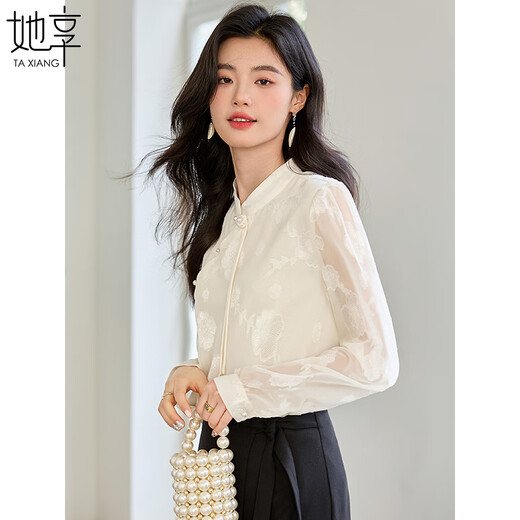 She enjoys long-sleeved shirt women's oriental simple luxury style high-end jacquard fabric shirt chiffon shirt top T143C2401