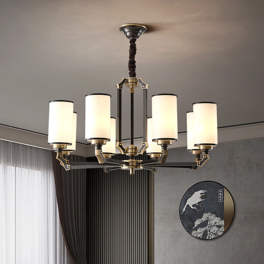 Su Yin New Chinese style living room chandeliers full copper lamp living room lamp dining master bedroom lamp study lamp chandeliers 9901 All copper 6 heads [with E27 three-color light source*6]