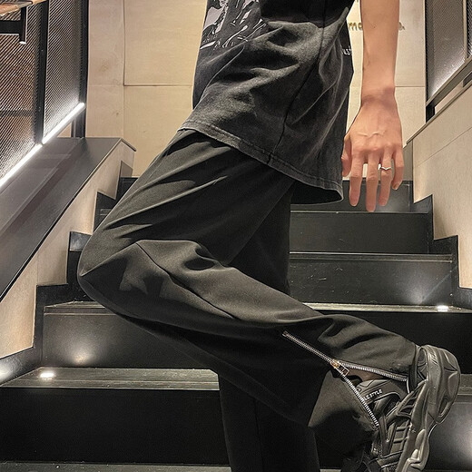 Pantalones casuales de niebla Pantalones casuales Men's Spring y Autumn American High Street Slit Pantalones Pantalones de seda de hielo al aire libre Pantalones rectos sueltos MF-2307 Negro XL (recomendado 130-140Jin [Jin iguala 0.5 kg])