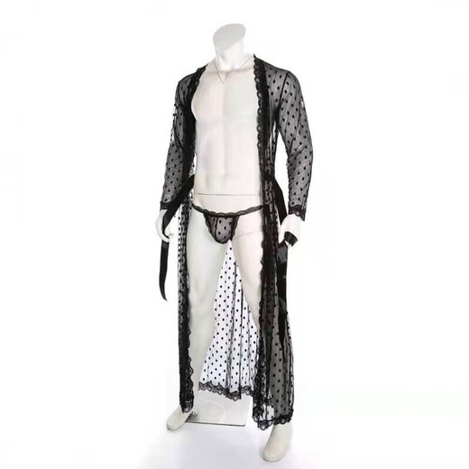 Sexy underwear men's underwear thong sexy sexy lace bathrobe long transparent slit XL g094 black nightgown + underwear