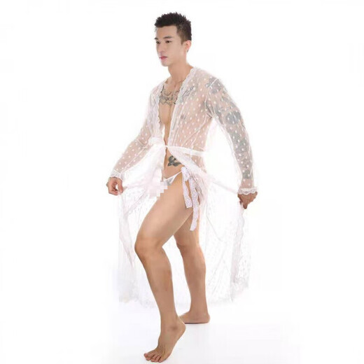 Sexy underwear men's underwear thong sexy sexy lace bathrobe long transparent slit XL g094 black nightgown + underwear