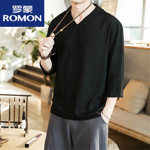 罗蒙（ROMON）亚麻T恤男宽松棉麻七分袖打底T恤衫中国风夏季潮流V领上衣服 白色(七分袖) L