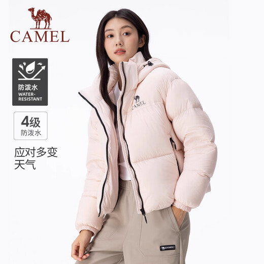 骆驼（CAMEL）黑钻系列短款羽绒服女装冬新款保暖防风连帽羽绒外套面包服 724CA6B601，雪藕白，女 L (180)