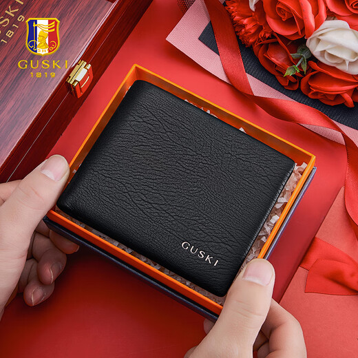 Guski (Guski) Billetera francesa para hombres Billet de cuero Genuino cuero para hombres Billetera para hombres Billetera Cumpleaños de regalo del día del padre [Caja de regalo de mostrador] 860013-1 Top Cow Whide y versátil