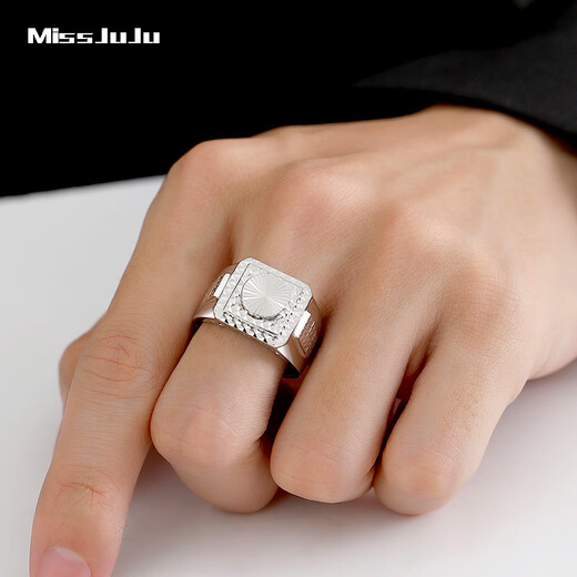 Miss JuJu platinum ring for men pt950, elegant white gold solid wide thick plate ring with adjustable mouth, weight 16.93g