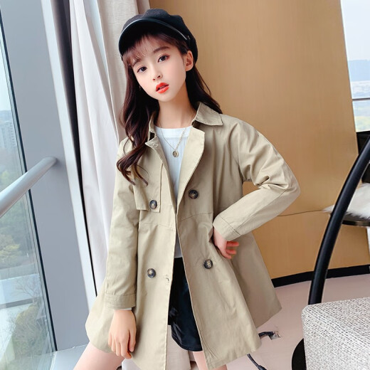 Xiong Diming Girls' Windbreaker Jacket Autumn Double-breasted Windbreaker Children's Jacket Medium-Length Girls Tops Khaki 120