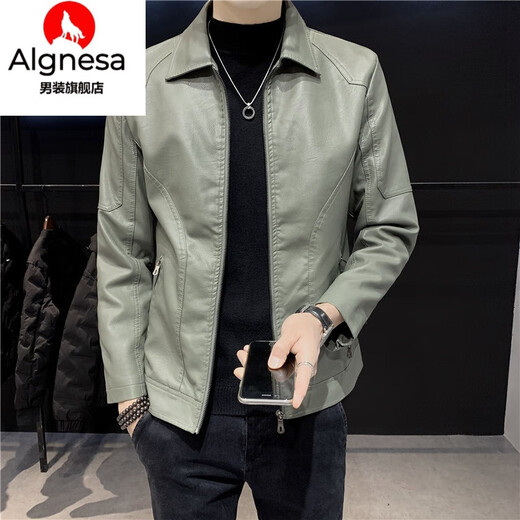 AIGNESA leather jacket for men in spring and autumn new trendy imitation leather casual plus velvet jacket trendy genuine leather winter leather jacket jacket ZH-8602 green plus velvet XL