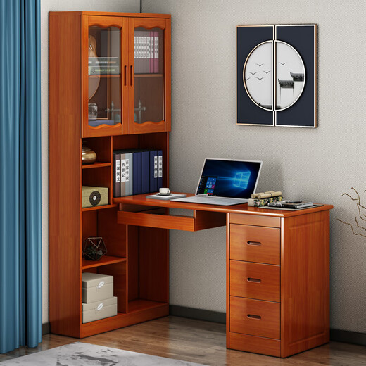 Yuanlin beam material Chinese style all solid wood desk bookshelf combination home writing desk bedroom solid wood one-piece corner computer desktop table 1.4 meters walnut color