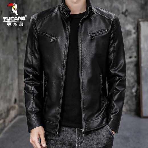 Woodpecker leather jacket men's jacket spring and autumn jacket men imitation leather PU leather motorcycle men business casual trend leather jacket men 609A black L [110-130Jin [Jin equals 0.5 kg]]