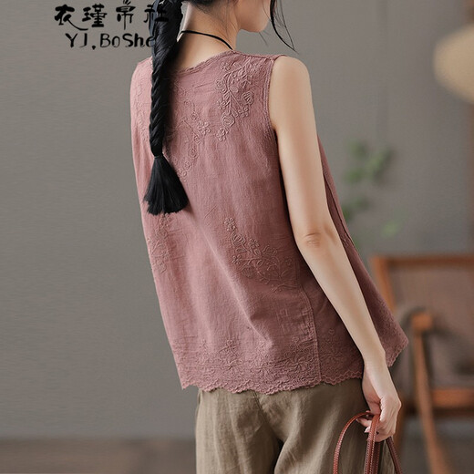 Yijinboshe Weste für Frauen Retro literarische Stickereien Innere Baumwolle Leinen Lose Frauen lässig Top einfache farbige vielseitige Slim Weste Hosenträger Gurt außerhalb Sommer dünne ärmellose Basishemd Tee Farbe Durchschnittsgröße