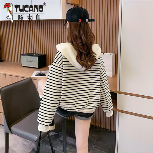 啄木鸟条纹卫衣女连帽2024秋季新款韩版大码宽松设计感减龄百搭长袖上衣 图片色 6625 M 80-105斤