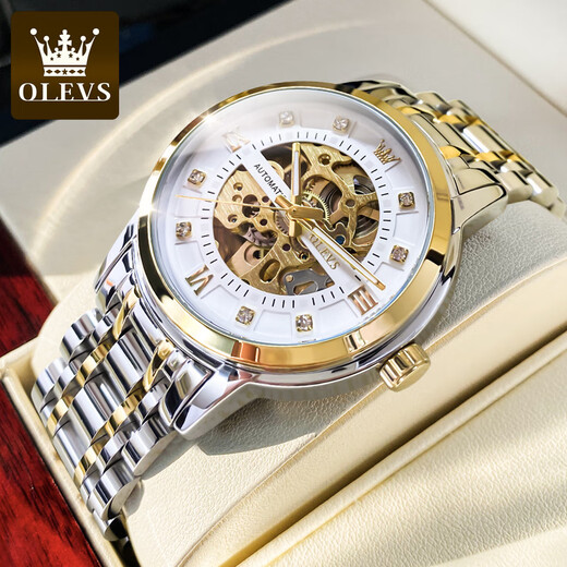 [Zhang Zhilin Approuvé la marque de marque] OULIUS SWISS CERTIFIED Watch Men's Mendomatic Mechanical Watch Fashion Luminal Watch Mendroprowing Fashion Fashion Diamond Inravay Mensic Hollow Watch Hollow Student 9901 Souclure en acier Gold-White Surface [STRAPE DE COURT