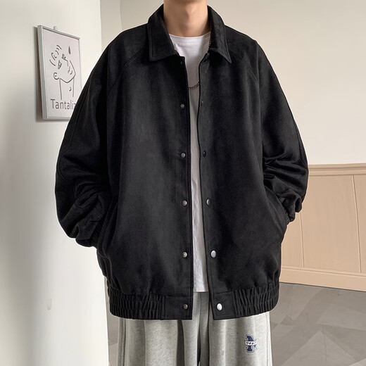顶峰保罗（Dingfengbaoluo）夹克外套男士秋冬休闲宽松潮麂皮绒上衣美式棒球服YM9921黑色2XL