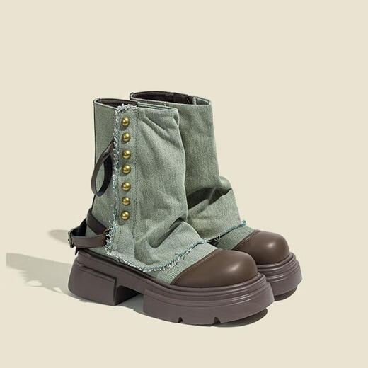 Fan Xiaoru Jeans Beinstiefel 2024 neue kurze Stiefel Dicke Sohle Martin Stiefel Retro Britische Stapelstiefel Hochdarmte Western Denim Stiefel Blau 37