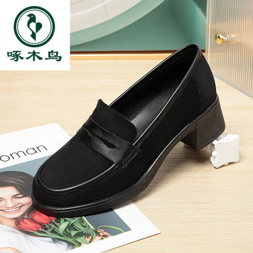 Woodpecker British Style Small Leather Chaussures Chaussures pour femmes Nouveau 2025 Spring and Automne Fashionable Casual HEPT Talon Généreau en cuir à une jambe Retro Single Chaussures 1098 Black 37