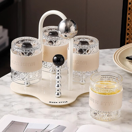Xiderun Light Luxury Cup Set Home Living Room Hospitality Tea Cup High-Looking Cream Style New Home Cup High-end Glass Water Cup with Leather-Milk White 6-Cup Set