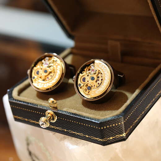 Permanent winding tourbillon movement high-end French cuff links for men's light luxury cuffs custom shirt suit sleeve nails Gun color Swiss movement 2 generation permanent dustproof glass cover
