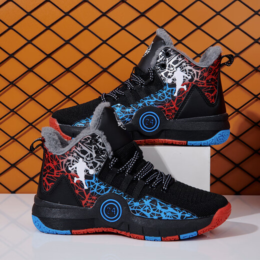 G.Duckkids Jungen Basketballschuhe für Winter plus Samt verdickte warme Kinder weiche Sohle Anti-Rutsch mittel- und großer Kinder-Laufschuhe Schockabsorbier- und Verschleißschuhe BG-Black und Blue 695m (nicht ausrutschen) 34 Größen