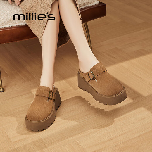 妙丽雪地靴女厚底增高加绒包头时尚潮流勃肯鞋2025冬季新款 驼色 37 (235mm) 标准码
