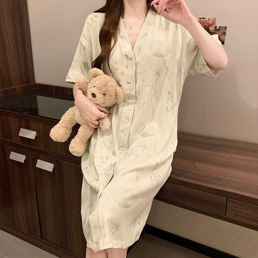 Mengluan Braveur à manches courtes avec poitrine 2025 Été Nouveau pyjamas à rayures à rayures haut de gamme Vêtements de maison en vrac de grande taille 5155 Fleurs vertes (avec poitrine) L