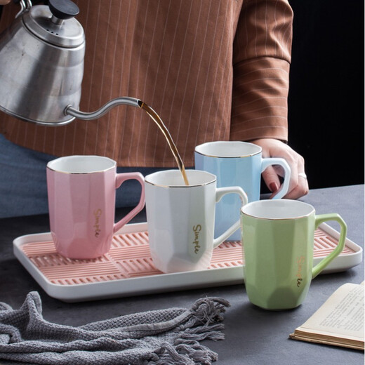 Guai ceramic mug set, simple home living room with tray, high-looking office mug, tea cup color distinction, 4 light-colored cups and plates, pink, blue, green and white