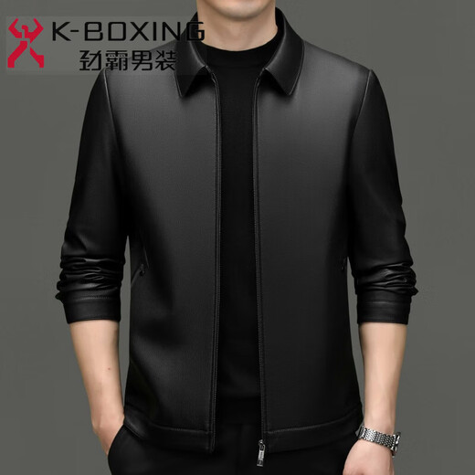 JINBA new autumn and winter middle-aged lapel genuine leather jacket for men slim sheepskin daddy casual leather jacket 8116 black single leather one size 190/56