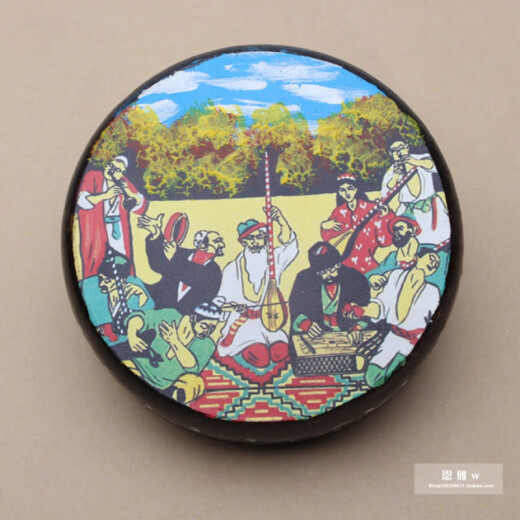 
Beijing-rhyme Xinjiang ethnic musical instrument Uyghur solid wood cowhide drum standard Xinjiang hand drum colored pattern random/15 cm