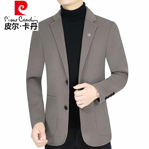 皮尔卡丹羊毛呢西装男春秋季休闲双面呢外套男士中青年潮流小西服轻奢高档 蓝灰色 高档双面呢 XL  180码