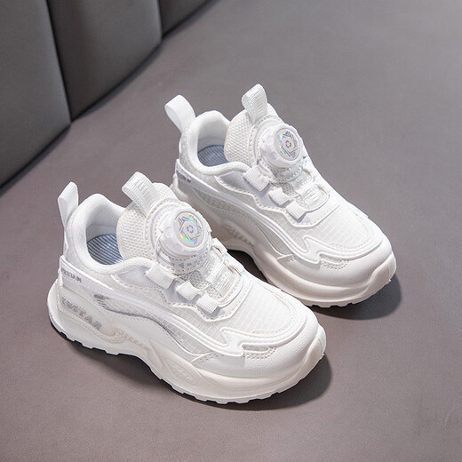 Hongxing Children's Girls's Schuhe rotierendes Knopf Leder Net NEW Frühlings- und Herbst-Kinder-Sportschuhe mittelgroße Kinder Laufschuhe 9911 Weißes Netz 30