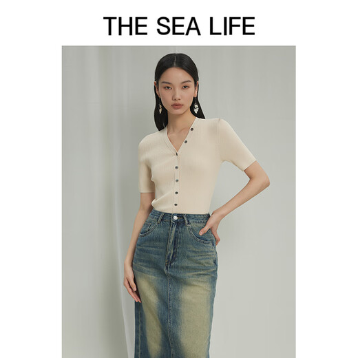 THE SEA LIFE Ou Hai Yisheng Knitted Sweater 24 Spring and Summer Slim Short Sleeve Cool Temperament Knitted Sweater X15868 Glimmer Green S