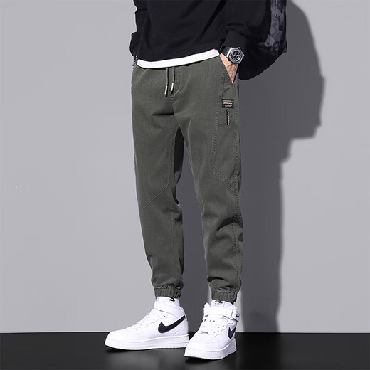 Jüdische Freizeithose Herren Frühling und Herbst Neue amerikanische Modemarke Arbeit Hosen Männer lose Bindungen Sporthosen 9859 Militärgrün L.