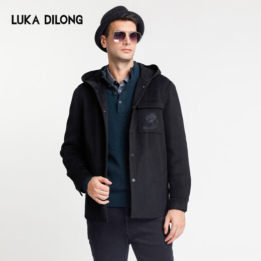Lucadilong [Wolle + Mulberry Seide] Klassischer Stil personalisierter Modemuster gedruckter Taschenmänner Wolljacke Männer schwarz l 50