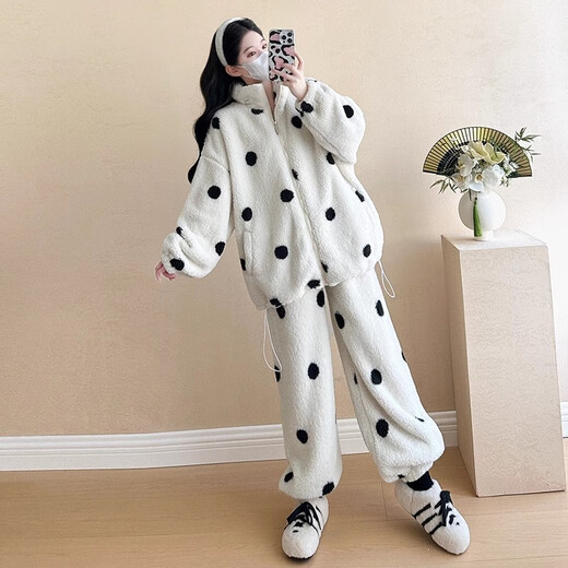 Prefang maternity wear winter wear 2025 new velvet thickened coral velvet warm maternity pajamas set home wear autumn and winter style polka dot suit plus velvet thickened L