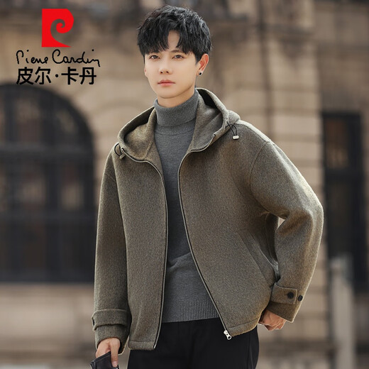 Pier Cardin Woll Jacke Herren 2024 neuer Herbst und Winter verdickte doppelseitige Wolle Casual Kapuze Short Tweed Jacke Dunkelgrau L 175