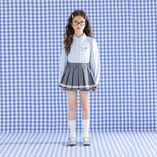 Mucmukn Blues Academy Girls Ballet Academy Style Lace Shirt Medium and Large Children's Blue and White Striped Bow Top Blue and White Strips 120cm