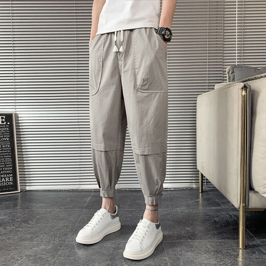 
JIAYE (JIAYE) Cropped Pants for men's summer thin loose trend 8-point pants casual versatile ice silk harem cool pants student L01 black thin style larger S