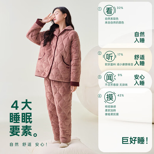 Anzhiban couple's pajamas for autumn and winter, three-layer quilted plus velvet, thickened and anti-static, casual wearable home wear set A Black Plum Pink M