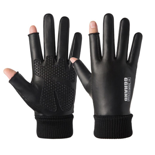 Zhugang Half Finger Gloves for Men and Women Winter Warm Anti-Slip Fingerless Cycling Driving Waterproof Plus Velvet Fishing Takeaway Cycling Outdoor Leather Two Finger-Men's Style